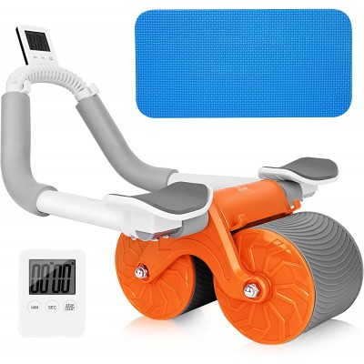 Automatic Rebound Ab Roller Wheel with Elbow Support, Timer, phone holder, and Dual-Wheel Design.